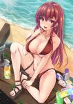 1girl arrow_through_heart beach bikini breasts can cleavage commentary_request dolphin_shorts earrings fang heterochromia hololive houshou_marine jewelry keyboard_(computer) large_breasts microphone necklace nekoyaso open_mouth red_bikini red_hair sandals shorts skin_fang soda_can solo swimsuit thigh_strap underboob virtual_youtuber 