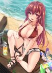  1girl arrow_through_heart beach bikini breasts can cleavage commentary_request dolphin_shorts earrings fang heterochromia hololive houshou_marine jewelry keyboard_(computer) large_breasts microphone necklace nekoyaso open_mouth red_bikini red_hair sandals shorts skin_fang soda_can solo swimsuit thigh_strap underboob virtual_youtuber 