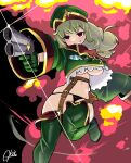  1girl aiming aiming_at_viewer araga_kiwi black_panties boots breasts coat empty_eyes explosion gloves green_gloves green_hair green_hat green_jacket green_sleeves grin gun handgun hat highres holding holding_gun holding_weapon jacket kitasshi large_breasts leoparde_(mahou_shoujo_ni_akogarete) long_hair long_sleeves looking_at_viewer mahou_shoujo_ni_akogarete military_coat military_hat military_jacket mole mole_under_eye navel panties purple_eyes red_eyes signature skindentation sleeves_past_fingers sleeves_past_wrists smile solo standing string_panties thigh_boots thighhighs underboob underwear weapon 