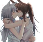  2girls amiya_(arknights) animal_ears arknights arm_around_waist arms_around_neck bangs blush brown_hair cat_ears cat_girl chinese_commentary choker closed_eyes dress eyebrows_visible_through_hair french_kiss hand_on_another&#039;s_shoulder hane_(8ne_k) heart highres hug kiss long_hair multiple_girls ponytail rabbit_ears rabbit_girl rosmontis_(arknights) saliva saliva_trail shirt silver_hair sleeveless sleeveless_dress sleeveless_shirt sweat sweatdrop tongue tongue_out white_dress yuri 