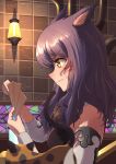  1girl absurdres animal_ears bare_shoulders bow bowtie card cat_ears cat_girl detached_sleeves eyebrows_visible_through_hair facial_mark final_fantasy final_fantasy_xiv gambling highres holding holding_card lantern long_hair miqo&#039;te nervous purple_hair sweat umaikaze wrist_cuffs yellow_eyes 