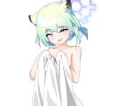  1girl animal_ears blue_archive commentary_request green_hair halo highres korean_commentary kujj0531 long_hair looking_at_viewer medium_hair nude open_mouth purple_eyes purple_halo shigure_(blue_archive) simple_background smile solo weasel_ears weasel_girl white_background 