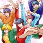  5boys black_hair blonde_hair blue_eyes blue_hair blue_shirt date_seiji eyebrows_visible_through_hair foreshortening green_jacket hair_over_one_eye hashiba_touma jacket long_sleeves looking_at_viewer male_focus mouri_shin multiple_boys open_mouth orange_shirt petals purple_eyes sanada_ryou shirt short_hair short_sleeves shue_rei_fuan sisido_(black_candy) teeth upper_body yellow_shirt yoroiden_samurai_troopers 