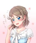  1girl alternate_hairstyle bangs blue_eyes blush brown_hair collarbone commentary_request cosplay eyebrows_visible_through_hair hair_ornament half_updo looking_at_viewer love_live! love_live!_sunshine!! sakurauchi_riko sakurauchi_riko_(cosplay) shiny shiny_hair shirosuke_46 short_hair solo translation_request upper_body watanabe_you 