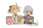 2girls :t ahoge artoria_pendragon_(fate) asaya_minoru bangs black_bow blonde_hair blush bow cake cake_slice closed_mouth cup detached_sleeves dress eating eyebrows_visible_through_hair fate/grand_order fate/unlimited_codes fate_(series) food fork gloves grey_dress grey_hair hair_bow heart holding holding_fork holding_plate kama_(fate) long_sleeves multiple_girls pillow plate ponytail purple_dress purple_legwear purple_sleeves red_eyes saber_lily simple_background sitting sleeveless sleeveless_dress smile teacup thighhighs twitter_username utensil_in_mouth white_background white_gloves 