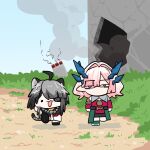  2girls absurdres animal_ears arknights arknights:_endfield chun_grandfa exhausted explosive eyepatch hair_intakes highres hole_in_wall horns mi_fu_(arknights) multiple_girls pink_hair smoke tail tangtang_(arknights) tiger_ears tiger_girl tiger_tail tnt 