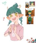  :d absurdres animal_print aqua_hair bead_bracelet beads blonde_hair blush bracelet bright_pupils character_name commentary couple cropped_torso curled_fingers ear_blush earrings elf english_commentary excited gradient_hair green_eyes hair_bun hair_up hands_up head_wings heart highres if_they_mated jewelry mei_(caeliastrifera) mother_and_child mother_and_daughter multicolored_hair nose_blush nyx_(spindle_(aidenr0)) original parent_and_child peeking_out pink_sweater pointy_ears print_sweater rabbit_print raised_eyebrows reference_inset round_teeth science_babies sidelocks simple_background smile solid_circle_pupils speech_bubble spindle_(aidenr0) spindle_(spindle_(aidenr0)) stud_earrings sweater teeth thought_bubble tomodachi_life tomodachi_life:_living_the_dream upper_teeth_only w_arms wavy_hair white_background white_hair white_pupils wings yuri 