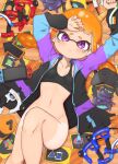  1girl arms_up bangs black_jacket blunt_bangs bottomless breasts breasts_apart closed_mouth commentary_request domino_mask from_above groin highres holding inkling jacket joy-con knee_up long_hair long_sleeves looking_at_viewer lying mask narrow_waist navel nintendo_switch nintendo_switch_pro_controller object_request on_back open_clothes orange_hair parted_lips pointy_ears purple_eyes short_eyebrows shorts_tan small_breasts solo splatoon_(series) sports_bra stomach tan tanlines tentacle_hair wanimaru 