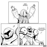  2girls arm_cannon armor assault_visor bodysuit coat commentary diana_(pragmata) english_commentary english_text highres inthasapen metroid monochrome multiple_girls padded_coat power_armor power_suit_(metroid) pragmata puffy_coat samus_aran varia_suit weapon 