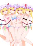  4girls ;d bangs bikini bikini_skirt black_bikini blonde_hair blue_bikini blush breast_grab breasts cleavage clone closed_mouth commentary crystal embarrassed eyebrows_visible_through_hair eyes_visible_through_hair facing_viewer flandre_scarlet four_of_a_kind_(touhou) frilled_bikini frills grabbing grabbing_from_behind grin groin hair_between_eyes hands_on_another&#039;s_shoulders hands_on_another&#039;s_stomach hat hat_ribbon highres hip_focus hug hug_from_behind leg_up legs long_hair looking_at_another looking_at_viewer looking_back medium_hair midriff multiple_girls navel o-ring o-ring_bikini one_eye_closed open_mouth parted_lips pink_bikini red_eyes red_ribbon ribbon self_fondle selfcest side-tie_bikini side_ponytail simple_background small_breasts smile standing standing_on_one_leg swimsuit thighs tomoe_(fdhs5855) touhou vampire wavy_mouth white_background white_bikini white_headwear wings yuri 