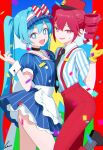  2girls aqua_hair blue_eyes commentary confetti dress drill_hair gloves hatsune_miku highres kasane_teto long_hair looking_at_viewer mesmerizer_(vocaloid) multiple_girls pillarboxed pinstripe_dress pinstripe_hat pinstripe_pattern red_hair shiny_eyes shirt smile smiley_hair_ornament smiley_hat_ornament striped_clothes striped_shirt suspenders symbol-shaped_pupils takimii thighs twin_drills twintails utau visor_cap vocaloid yellow_gloves 