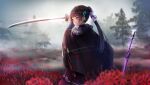  1girl black_hair black_jacket black_skirt blunt_bangs blunt_ends blurry blurry_background capelet closed_mouth cowboy_shot depth_of_field epaulettes field fighting_stance flower flower_field fog from_side green_eyes hands_up heaven_burns_red highres hime_cut holding holding_sword holding_weapon jacket katana long_hair long_sleeves looking_ahead natsume_inori official_art outdoors pleated_skirt ponytail red_flower serious sidelocks skirt solo spider_lily sword third-party_source very_long_hair weapon 
