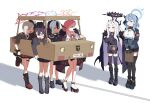  6+girls :d ^_^ adon_(dufaladanidu) ahoge ako_(blue_archive) armband aru_(blue_archive) bell black_boots black_choker black_gloves black_hair black_halo black_horns black_shoes blue_archive blue_eyes blue_hair blue_halo boots breasts brown_coat brown_horns cardboard choker closed_eyes coat coat_on_shoulders commentary cowbell crossed_arms demon_girl demon_horns earclip expressionless flower fur-trimmed_coat fur_trim furrowed_brow garrison_cap gloves grey_hair grey_halo hair_flower hair_ornament halo haruka_(blue_archive) hat high_heels highres hina_(blue_archive) horns kayoko_(blue_archive) large_breasts long_hair looking_at_another low_horns multicolored_hair multiple_girls multiple_horns mutsuki_(blue_archive) neck_bell neck_ribbon orange_halo parted_bangs pleated_skirt problem_solver_68_(blue_archive) purple_eyes purple_hair purple_halo red_armband red_eyes red_halo red_ribbon red_skirt ribbon shoes side_ponytail sideboob sideless_outfit sideless_shirt simple_background skirt smile sneakers stifled_laugh two-tone_hair untranslatable_commentary very_long_hair white_background white_hair 