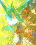  claws closed_eyes dragon flower grass highres latios no_humans outdoors pokemon pokemon_(creature) pokemon_focus regirock seta629211 wings 