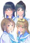  4girls amami_ojika bangs black_hair blonde_hair blue_eyes blue_hair blue_neckwear blue_sailor_collar blush bow brown_hair closed_mouth green_eyes hair_bow hibike!_euphonium highres kasaki_nozomi kitauji_high_school_uniform liz_to_aoi_tori long_hair multiple_girls nakagawa_natsuki neckerchief open_mouth ponytail purple_eyes red_eyes sailor_collar school_uniform serafuku shirt short_sleeves simple_background smile white_background white_shirt yellow_bow yoroizuka_mizore yoshikawa_yuuko 