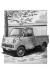  car commentary_request graphite_(medium) highres honda honda_t360 kei_truck motor_vehicle no_humans original outdoors pickup_truck shadow shin_iroenpitsu traditional_media tree truck vehicle_focus 