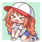  &gt;_&lt; 1girl bangs baseball_cap blue_bow blue_footwear blue_shorts blush bow braid breasts brown_hair chibi closed_eyes eyebrows_visible_through_hair facing_viewer full_body green_background gym_shirt gym_shorts gym_uniform hair_bow hana_kazari hat highres long_hair name_tag open_mouth princess_connect! shirt shoes short_shorts shorts small_breasts socks solo twin_braids twintails two-tone_background v-shaped_eyebrows very_long_hair wavy_mouth white_background white_headwear white_legwear white_shirt yuni_(princess_connect!) 