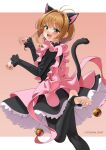  1girl :d animal_ears antenna_hair bell black_dress brown_hair cardcaptor_sakura casino_(casinoep) cat_ears cat_tail dress fake_animal_ears fake_tail full_body green_eyes hair_intakes highres jingle_bell kinomoto_sakura medium_hair no_shoes pink_dress sleeves_past_wrists smile solo standing standing_on_one_leg stirrup_legwear tail toeless_legwear 