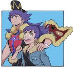  2boys :d baseball_cap black_shirt blue_jacket bright_pupils brothers cape champion_uniform closed_mouth commentary_request dark-skinned_male dark_skin facial_hair fur-trimmed_cape fur-trimmed_jacket fur_trim goma_(kddd_zenzai) hand_on_another&#039;s_shoulder hat hop_(pokemon) jacket leon_(pokemon) long_hair male_focus multiple_boys open_clothes open_jacket open_mouth pokemon pokemon_(game) pokemon_swsh purple_hair red_cape shield_print shirt short_hair siblings sleeves_past_elbows smile sword_print tongue upper_body upper_teeth white_pupils yellow_eyes 