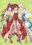 3girls :3 :d \||/ ange_katrina animal_ears animal_on_shoulder ankle_strap bare_shoulders bird bird_on_shoulder black_shorts blue_choker blue_dress blue_eyes blue_hair blue_shoes blush brown_hair brown_pantyhose brown_tail choker closed_mouth color-coded colored_inner_hair commentary_request dog_ears dog_girl dog_tail dress falling_petals green_background green_choker green_dress green_shoes hair_between_eyes hair_intakes hair_ornament hand_up heart heterochromia high-low_dress high-waist_shorts highres holding_own_dress inui_toko lize_helesta long_dress long_hair looking_at_viewer matching_outfits medium_hair multicolored_hair multiple_girls nijisanji official_alternate_costume open_mouth pantyhose pendant_choker petals ponytail print_pantyhose purple_eyes red_choker red_dress red_eyes red_hair red_petals red_shoes sakura_anc sanbaka_(nijisanji) sebastian_piyodore shoes short_sleeves shorts sidelocks smile sparkle_print star_(symbol) star_hair_ornament strapless strapless_dress streaked_hair tail two-tone_hair very_long_hair virtual_youtuber white_hair yellow_eyes 