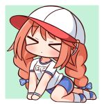  &gt;_&lt; 1girl bangs baseball_cap blue_bow blue_footwear blue_shorts blush bow braid breasts brown_hair chibi closed_eyes closed_mouth eyebrows_visible_through_hair facing_viewer full_body green_background gym_shirt gym_shorts gym_uniform hair_bow hana_kazari hat highres long_hair name_tag princess_connect! shirt shoes short_shorts shorts small_breasts socks solo twin_braids twintails two-tone_background very_long_hair white_background white_headwear white_legwear white_shirt yuni_(princess_connect!) 