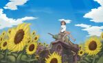  1girl ^_^ artist_name aung_(girls_und_panzer) blue_sky breasts brown_hair closed_eyes cloud facepaint field flower flower_field g0urmand girls_und_panzer girls_und_panzer_ribbon_no_musha ground_vehicle military military_vehicle motor_vehicle shirt shoe_dangle short_hair sky small_breasts smile solo sunflower tan tank twitter_username type_95_ha-gou white_shirt 