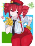  1girl ;o alternate_breast_size_(larger) alternate_costume badge black_necktie blowing_kiss breasts cloud collared_shirt commission corrupted_twitter_file cowboy_shot dot_nose double-parted_bangs drawlab33t drill_hair english_commentary gloves hair_between_eyes hand_on_own_hip hand_up hat heart highres kasane_teto leaning_forward looking_at_viewer mesmerizer_(vocaloid) necktie one_eye_closed open_mouth pants raised_eyebrows red_hair red_hat red_pants shirt short_sleeves simple_background smiley_hat_ornament sparkling_eyes striped_clothes striped_shirt suspenders teeth thick_thighs thighs twin_drills utau vertical-striped_clothes vertical-striped_shirt white_shirt wide_hips yellow_gloves 