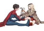  2girls animal_ears black_hair blonde_hair blue_bodysuit blue_hair blue_shirt bodysuit boots brown_coat cape coat dc_comics dog dog_ears dual_persona highres holding_another's_arm krypto_the_superdog long_hair long_sleeves miniskirt multiple_girls on_floor open_clothes open_coat open_mouth red_boots red_cape red_skirt shiren_(ourboy83) shirt short_hair simple_background sitting skirt supergirl supergirl_(2026) superhero_costume superman_(series) superman_logo the_flash_(movie) the_flash_(series) tongue tongue_out white_background white_fur 