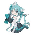  1girl ;3 animal_ear_fluff animal_ears bare_shoulders black_footwear black_legwear black_skirt black_sleeves blue_bow blue_eyes blue_hair blush boots bow cat_ears cat_girl cat_tail chibi closed_mouth commentary detached_sleeves dress full_body grey_dress hair_bow hands_up hatsune_miku highres hitode kemonomimi_mode long_hair long_sleeves looking_at_viewer one_eye_closed pelvic_curtain pleated_skirt simple_background sitting skirt sleeveless sleeveless_dress solo tail thigh_boots thighhighs twintails very_long_hair vocaloid wariza white_background 