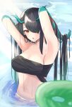  1girl absurdres arknights armpits arms_up bandeau bare_shoulders bikini black_hair breasts cleavage commentary dusk_(arknights) hands_in_hair highres horns kunizaki large_breasts navel orange_eyes solo stomach strapless strapless_bikini swimsuit tubetop upper_body water 