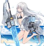  1girl bangs barefoot beach bikini black_bikini breasts eyebrows_visible_through_hair fingernails grey_hair gunblade highres holding holding_sword holding_weapon jacket long_hair looking_at_viewer ocean off_shoulder open_clothes open_jacket original poco_(asahi_age) purple_eyes sand sleeves_past_wrists small_breasts solo swimsuit sword water water_gun weapon 