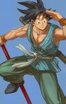  1boy absurdres arm_at_side bare_pectorals black_eyes black_footwear black_hair blue_background closed_mouth commentary dougi dragon_ball dragon_ball_z dutch_angle facing_viewer foot_out_of_frame green_pants hand_up happy highres holding holding_weapon knee_up looking_afar male_focus mamefuku_(mamedehuku) muscular muscular_male no_nipples nyoibo orange_wristband pants pectorals rope shade shoes simple_background smile son_goku spiked_hair symbol-only_commentary weapon wrinkles wristband 
