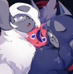 absol ahoge alternate_color aotsuki_eito black_streaks blue_eyes espurr fang fangs highres mega_absol mega_absol_z mega_pokemon monsterification multicolored_hair no_humans pokemon pokemon_(creature) pokemon_focus purple_eyes sandwiched shizuhara_hiruko simpface streaked_hair sumino_takumi the_hundred_line_-last_defense_academy- 