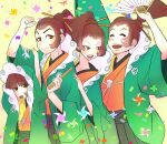  4boys ^_^ androgynous arm_up arms_up bangs black_hakama blunt_bangs blush blush_stickers brown_eyes brown_hair child clenched_hand closed_eyes closed_mouth collarbone commentary_request confetti cowboy_shot eyebrows_visible_through_hair folding_fan forehead gyakuten_saiban gyakuten_saiban_6 hair_bun hair_ornament hair_stick hakama hakama_skirt half-closed_eye hand_fan hand_up hanging_on_arm haori happy high_ponytail holding holding_fan japanese_clothes kimono long_hair long_sleeves looking_at_another looking_at_viewer looking_back looking_up multiple_boys multiple_persona open_mouth orange_kimono pinwheel sakota_(sakota_6box) senpuutei_bifuu sidelocks skirt smile standing sweat teeth tied_hair uneven_eyes wide_sleeves yellow_background 