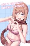  1girl absurdres bikini blue_eyes blush breasts brown_hair character_name cleavage commentary_request front-tie_bikini_top front-tie_top gakuen_idolmaster hair_between_eyes happy_birthday heart heart_hands highres himesaki_rinami idolmaster large_breasts long_hair looking_at_viewer miyuki_kotori navel open_mouth pink_bikini red_scarf scarf side-tie_bikini_bottom solo stomach swimsuit 