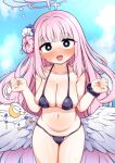  1girl :d alternate_costume bikini black_bikini black_eyes black_scrunchie blue_archive blush breasts collarbone commentary_request feathered_wings hair_bun halo large_breasts long_hair micro_bikini mika_(blue_archive) navel purple_hair purple_halo samejima_retro scrunchie single_side_bun smile solo swimsuit wings wrist_scrunchie 
