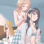  3girls bedroom black_hair blonde_hair blue_bra bra brown_eyes collarbone collared_shirt dress_shirt hachimiya_meguru hair_brushing half-closed_eyes highres holding idolmaster idolmaster_shiny_colors indoors kazano_hiori long_hair long_sleeves looking_down mole mole_under_mouth mouth_hold multiple_girls navel open_clothes open_shirt pink_hair plaid plaid_skirt pleated_skirt purple_eyes sakuragi_mano shiny shiny_hair shirt skirt topless umirororo underwear white_bra white_shirt wing_collar 