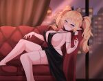  1girl alcohol armlet backless_dress backless_outfit black_dress blonde_hair blue_eyes blush bow bracelet breasts champagne_flute charlotte_(evangeline) city couch covered_nipples cup curtains dress drinking_glass elf evangeline_(lewdweather) grin hair_between_eyes hair_bow halterneck highres jewelry large_breasts legs long_hair no_bra original pointy_ears reclining revealing_clothes reward_available short_stack sideboob smile solo thighlet twintails window wine 