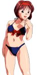  1990s_(style) 1girl bangs bikini blue_bikini blush_stickers brown_eyes brown_hair feet_out_of_frame hairband highres kayama_tamami looking_at_viewer navel official_art open_mouth retro_artstyle short_hair simple_background solo super_real_mahjong swimsuit tanaka_ryou white_background 
