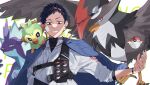  1boy absurdres black_eyes black_jacket black_sweater blue_hair crossover gen_4_pokemon gen_8_pokemon grookey highres jacket jacket_on_shoulders looking_down male_focus nijisanji poke_ball poke_ball_(basic) pokemon pokemon_(creature) purple_eyes red_eyes shirt smile solo_focus staraptor sugata_dski sweater toxtricity toxtricity_(low_key) virtual_youtuber white_shirt yashiro_kizuku 