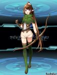  1girl :o belt black_belt boots bow_(weapon) brown_gloves brown_hair capelet clenched_hand commentary_request copyright_name eyebrows_visible_through_hair flower full_body gloves green_capelet green_footwear green_legwear hair_flower hair_ornament hand_up haritoyomimasu holding holding_bow_(weapon) holding_weapon long_hair looking_at_viewer open_mouth pandora_party_project pointy_ears ponytail purple_eyes sidelocks solo standing thigh_boots thighhighs very_long_hair weapon 