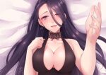  1girl bed_sheet blue_eyes blush breasts choker cleavage crying crying_with_eyes_open earrings happy happy_tears hinata_mizuiro jewelry kaguya_(sinoalice) large_breasts long_hair looking_at_viewer lying on_back open_mouth purple_hair reaching_out signature sinoalice solo tears 