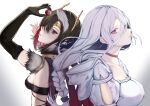  2girls ariel_(kumo_desu_ga_nani_ka?) black_gloves black_hair braid breasts cape choker cleavage commentary_request dress elbow_gloves food fruit fur-trimmed_cape fur_trim gloves hair_between_eyes highres holding holding_food holding_fruit hooded_dress horns kumo_desu_ga_nani_ka? kumoko_(kumo_desu_ga_nani_ka?) large_breasts long_hair looking_at_viewer looking_to_the_side midriff multicolored_hair multiple_girls nnn_(nonightnomad) purple_eyes red_choker red_eyes shiraori short_hair silver_hair single_braid small_breasts spoilers streaked_hair upper_body white_dress 