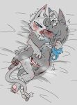 anthro bandage bandaged_chest bandaged_ear bed_sheet bedding blue_eyes blush blushing_profusely butt censor_bar cuddling d'arktanyan_(the_battle_cats) d'artanyan_(the_battle_cats) domestic_cat dripping duo eyes_closed felid feline felis female fur genitals grey_body grey_fur hair hand_on_back hand_on_leg hand_on_shoulder hand_on_thigh head_tuft heart_symbol hi_res kissing leg_wrap long_hair lying making_out male male/female mammal motion_lines nude nude_anthro on_side paws penetration penile penile_penetration penis penis_in_vagina ponos_corp. red_penis tail tail_coil the_battle_cats tongue tongue_out tuft u-naduki vaginal vaginal_penetration white_body white_fur