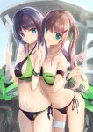  2girls bangs bikini black_bikini black_hair blue_eyes breasts brown_hair cleavage collarbone day double_v eyebrows_visible_through_hair fujinomiya_reicho green_bikini ground_vehicle hair_ornament hair_ribbon hairclip highres jewelry kawasaki long_hair motor_vehicle motorcycle multiple_girls necklace open_mouth original outdoors parted_lips ribbon side-tie_bikini sidelocks smile swimsuit thigh_strap twintails two-tone_bikini v 