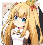  1girl bangs bare_shoulders black_wings blonde_hair blue_eyes bow breasts brown_background character_name closed_mouth commentary_request crown dress eyebrows_visible_through_hair hair_bow long_hair looking_at_viewer maaru_(shironeko_project) miicha mini_crown mismatched_wings red_bow shironeko_project sleeveless sleeveless_dress small_breasts smile solo twitter_username two-tone_background two_side_up upper_body very_long_hair white_background white_dress white_wings wings 