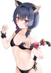  1girl animal_ears armband bangs bare_shoulders bell bikini black_bikini black_swimsuit blush bow breasts cat_ears cat_tail collarbone commentary dark_blue_hair extra_ears eyebrows_visible_through_hair fang fang_out flat_chest hair_between_eyes hair_bow halterneck headband highres idolmaster idolmaster_shiny_colors looking_at_viewer mm_(pomeme4) morino_rinze navel polka_dot polka_dot_bow red_bow red_eyes ribbon_trim side-tie_bikini side-tie_swimsuit sidelocks simple_background small_breasts smile solo string_bikini swimsuit tail twintails white_background wrist_cuffs 