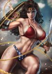  1girl abs absurdly_long_hair absurdres alternate_costume bangs bare_shoulders bikini black_hair blue_eyes blue_panties blush breasts brown_hair circlet dandon_fuga dc_comics debris deflect diana_prince eyebrows_visible_through_hair gloves highres holding holding_shield holding_sword holding_weapon large_breasts lasso lasso_of_truth leg_up long_hair looking_at_viewer muscular muscular_female navel open_mouth panties parted_lips red_bikini shield shorts sideboob smile solo standing superhero swimsuit sword thick_thighs thighs underwear very_long_hair weapon wonder_woman wonder_woman_(series) 