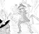  2girls american_flag_dress bangs bb_(baalbuddy) bow breasts cigarette clownpiece commentary dancing english_commentary frown greyscale hat hat_bow highres holding holding_torch jester_cap joker_(2019) kirisame_marisa long_hair monochrome multiple_girls pantyhose railing small_breasts smoke smoking stairs star_(symbol) star_print sweatdrop torch touhou wings witch_hat 