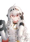  1girl bespectacled black_gloves black_headband breasts girls&#039;_frontline glasses gloves hair_ornament headband highres iws_2000_(girls&#039;_frontline) long_sleeves looking_at_viewer medium_breasts red-framed_eyewear red_eyes smile solo unitaka upper_body white_hair white_uniform 